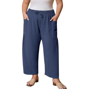 imageFlygo Plus Size Pants for Women Summer Casual Wide Leg Palazzo Pants Baggy Trousers with PocketsNavy Blue