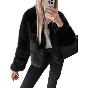 imageFlygo Women Faux Fur Coat Fluffy Long Sleeve Open Front Cropped Furry Jacket Shaggy 2025 Warm Winter Outwear with PocketsBlack