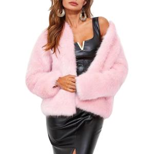 imageFlygo Women Faux Fur Coat Fluffy Long Sleeve Open Front Cropped Furry Jacket Shaggy 2025 Warm Winter Outwear with PocketsPink