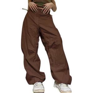 imageFlygo Womens Baggy Cargo Pants Streetwear Hip Hop Joggers Sweatpants Drawstring Wide Leg Cinch TrousersBrown