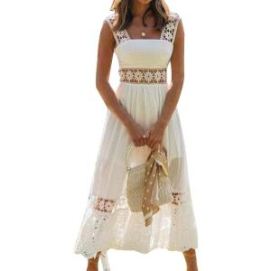 imageFlygo Womens Boho Lace Maxi Dress Backless Square Neck Swing Party Beach DressesWhite
