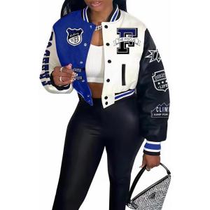imageFlygo Womens Cropped Varsity Jacket Baseball Jacket Colorblock Letter Print Y2k Button Down Bomber UniformBlue