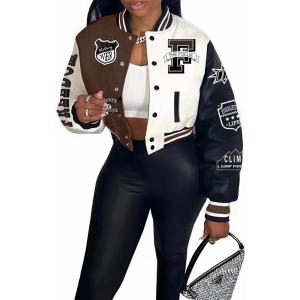 imageFlygo Womens Cropped Varsity Jacket Baseball Jacket Colorblock Letter Print Y2k Button Down Bomber UniformBrown