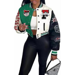 imageFlygo Womens Cropped Varsity Jacket Baseball Jacket Colorblock Letter Print Y2k Button Down Bomber UniformGreen