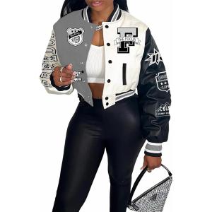 imageFlygo Womens Cropped Varsity Jacket Baseball Jacket Colorblock Letter Print Y2k Button Down Bomber UniformGrey