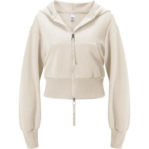 imageFlygo Womens Cropped Zip Up Hoodie Long Sleeve Drop Shoulder Sweatshirts Casual Ribbed Hem Workout Top Jacket with PocketsBeige