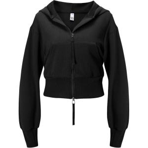 imageFlygo Womens Cropped Zip Up Hoodie Long Sleeve Drop Shoulder Sweatshirts Casual Ribbed Hem Workout Top Jacket with PocketsBlack