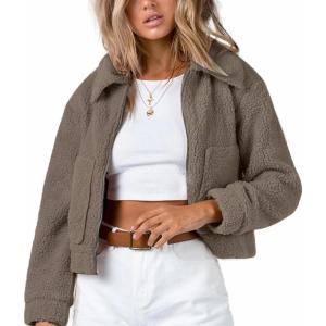 imageFlygo Womens Cropped Zip Up Lapel Shaggy Teddy Fleece Jacket Faux Fur CoatBrown