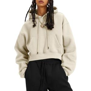 imageFlygo Womens Fleece Hoodie Sweatshirt Cropped Drawstring Hooded Crop Tops Pullover with Kangaroo PocketBeige