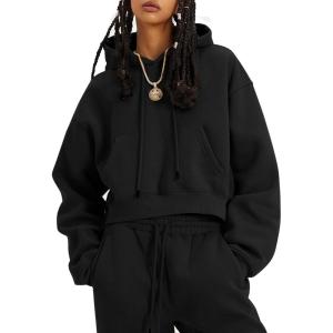 imageFlygo Womens Fleece Hoodie Sweatshirt Cropped Drawstring Hooded Crop Tops Pullover with Kangaroo PocketBlack