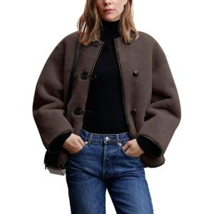imageFlygo Womens Fleece Jacket Casual Lightweight Sherpa Jacket Fuzzy Faux Fur Coat Oversized Shearling JacketsBrownS