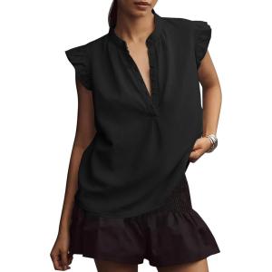 imageFlygo Womens Flutter Sleeve V Neck Tank Tops Button Down Casual Frilled Ruffle Solid Pleated Summer Blouse ShirtsBlack