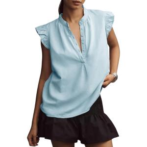 imageFlygo Womens Flutter Sleeve V Neck Tank Tops Button Down Casual Frilled Ruffle Solid Pleated Summer Blouse ShirtsLight Blue