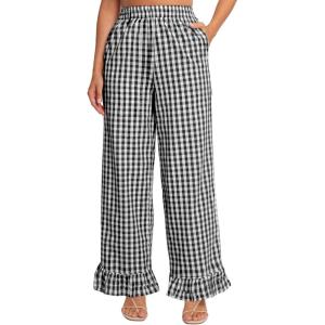 imageFlygo Womens Gingham Pants Y2K Cotton Wide Leg Ruffle Hem Lounge Pants Plaid Elastic Wasited Trouser with PocketsBlack