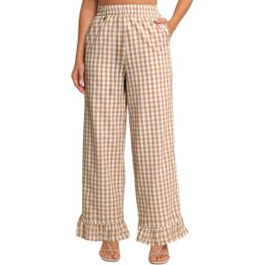 imageFlygo Womens Gingham Pants Y2K Cotton Wide Leg Ruffle Hem Lounge Pants Plaid Elastic Wasited Trouser with PocketsBrown