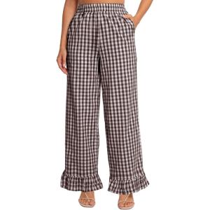 imageFlygo Womens Gingham Pants Y2K Cotton Wide Leg Ruffle Hem Lounge Pants Plaid Elastic Wasited Trouser with PocketsCoffee
