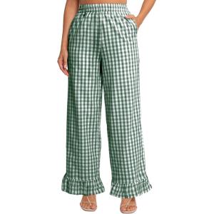 imageFlygo Womens Gingham Pants Y2K Cotton Wide Leg Ruffle Hem Lounge Pants Plaid Elastic Wasited Trouser with PocketsDarkgreen