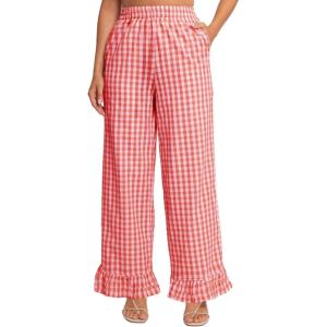 imageFlygo Womens Gingham Pants Y2K Cotton Wide Leg Ruffle Hem Lounge Pants Plaid Elastic Wasited Trouser with PocketsOrangered