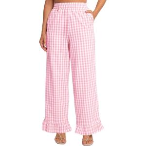 imageFlygo Womens Gingham Pants Y2K Cotton Wide Leg Ruffle Hem Lounge Pants Plaid Elastic Wasited Trouser with PocketsPink