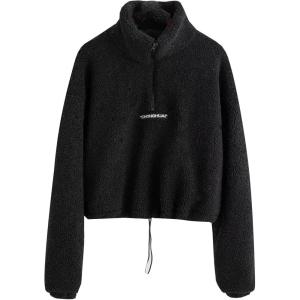 imageFlygo Womens Half Zip Shaggy Faux Shearling Fleece Sweatshirt Crop Pullover TopsBlack
