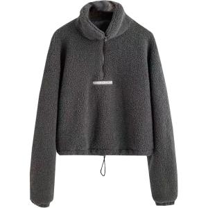 imageFlygo Womens Half Zip Shaggy Faux Shearling Fleece Sweatshirt Crop Pullover TopsGrey