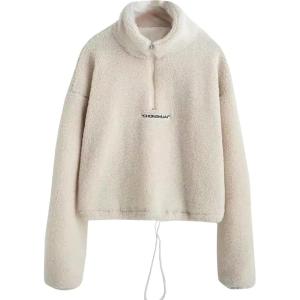 imageFlygo Womens Half Zip Shaggy Faux Shearling Fleece Sweatshirt Crop Pullover TopsWhite