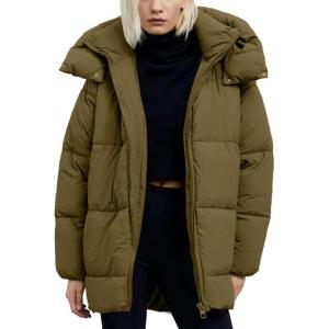imageFlygo Womens Hooded Quilted Puffer Jacket MidLength Padded Warm Winter Heavyweight Coat OuterwearArmygreen