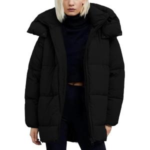 imageFlygo Womens Hooded Quilted Puffer Jacket MidLength Padded Warm Winter Heavyweight Coat OuterwearBlack