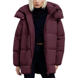 imageFlygo Womens Hooded Quilted Puffer Jacket MidLength Padded Warm Winter Heavyweight Coat OuterwearBurgundy