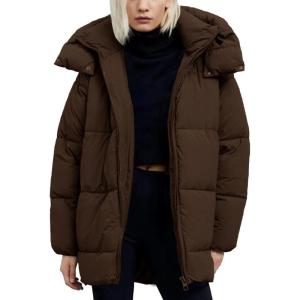 imageFlygo Womens Hooded Quilted Puffer Jacket MidLength Padded Warm Winter Heavyweight Coat OuterwearCoffee