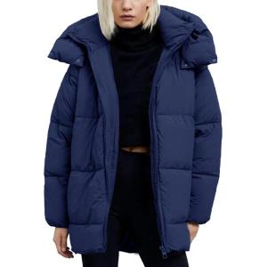 imageFlygo Womens Hooded Quilted Puffer Jacket MidLength Padded Warm Winter Heavyweight Coat OuterwearDarkblue