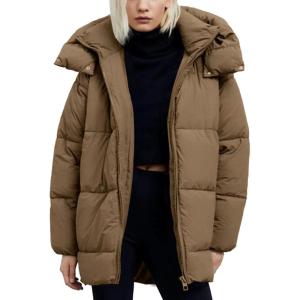 imageFlygo Womens Hooded Quilted Puffer Jacket MidLength Padded Warm Winter Heavyweight Coat OuterwearKhaki