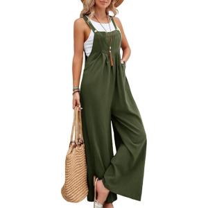 imageFlygo Womens Overalls Loose Fit Cotton Linen Bib Overall Wide Leg Jumpsuit Rompers with PocketsArmy Green
