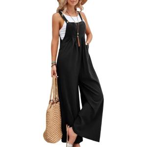 imageFlygo Womens Overalls Loose Fit Cotton Linen Bib Overall Wide Leg Jumpsuit Rompers with PocketsBlack