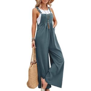 imageFlygo Womens Overalls Loose Fit Cotton Linen Bib Overall Wide Leg Jumpsuit Rompers with PocketsBlue Grey
