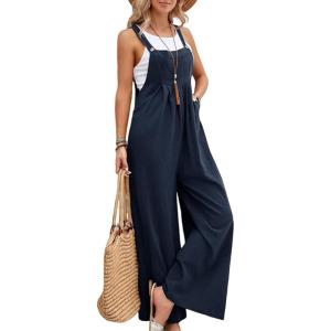 imageFlygo Womens Overalls Loose Fit Cotton Linen Bib Overall Wide Leg Jumpsuit Rompers with PocketsNavy Blue