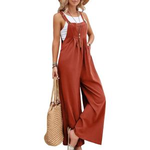 imageFlygo Womens Overalls Loose Fit Cotton Linen Bib Overall Wide Leg Jumpsuit Rompers with PocketsRust