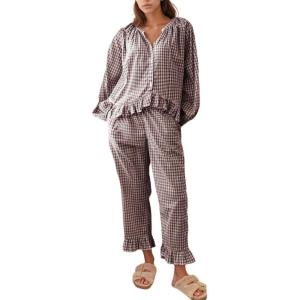 imageFlygo Womens Plaid Pajamas Sets 2 Piece Cotton Pj Set Puff Sleeve Ruffle Babydoll Shirt Gingham Pants Lounge SetsCoffee