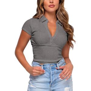 imageFlygo Womens Sexy V Neck Short Sleeve Collared Ribbed Tee Crop Top Golf Polo ShirtGrey