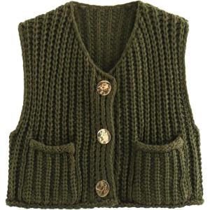 imageFlygo Womens Sleeveless Sweater Vest 2025 Fall Sweaters Loose Crop Knit Top Chunky Crochet Button Cardigan SweatersArmy