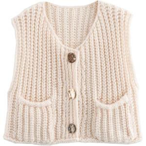 imageFlygo Womens Sleeveless Sweater Vest 2025 Fall Sweaters Loose Crop Knit Top Chunky Crochet Button Cardigan SweatersBeige