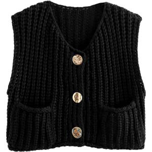 imageFlygo Womens Sleeveless Sweater Vest 2025 Fall Sweaters Loose Crop Knit Top Chunky Crochet Button Cardigan SweatersBlack
