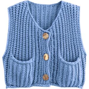 imageFlygo Womens Sleeveless Sweater Vest 2025 Fall Sweaters Loose Crop Knit Top Chunky Crochet Button Cardigan SweatersBlue