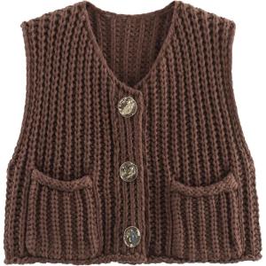 imageFlygo Womens Sleeveless Sweater Vest 2025 Fall Sweaters Loose Crop Knit Top Chunky Crochet Button Cardigan SweatersCoffee