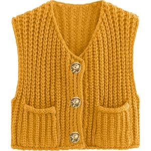 imageFlygo Womens Sleeveless Sweater Vest 2025 Fall Sweaters Loose Crop Knit Top Chunky Crochet Button Cardigan SweatersFallen Leaf Yellow