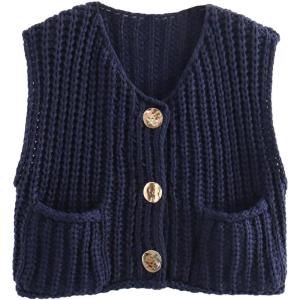 imageFlygo Womens Sleeveless Sweater Vest 2025 Fall Sweaters Loose Crop Knit Top Chunky Crochet Button Cardigan SweatersNavy