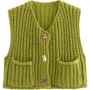imageFlygo Womens Sleeveless Sweater Vest 2025 Fall Sweaters Loose Crop Knit Top Chunky Crochet Button Cardigan SweatersOlive
