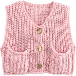 imageFlygo Womens Sleeveless Sweater Vest 2025 Fall Sweaters Loose Crop Knit Top Chunky Crochet Button Cardigan SweatersPink