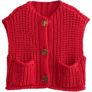 imageFlygo Womens Sleeveless Sweater Vest 2025 Fall Sweaters Loose Crop Knit Top Chunky Crochet Button Cardigan SweatersRed