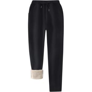 imageFlygo Womens Winter Warm Athletic Track Fleece Joggers Pants Sherpa Lined SweatpantsBlack